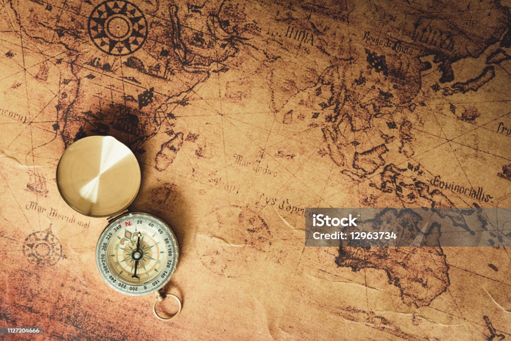 Navigator explore journey with compass and world map., Travel destination and planning vacation trip., Vintage concept.